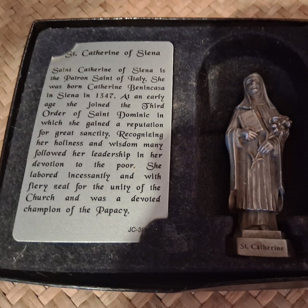 Vintage St.Catherine of Siena Pewter Statue + info card LQQK! **READ**